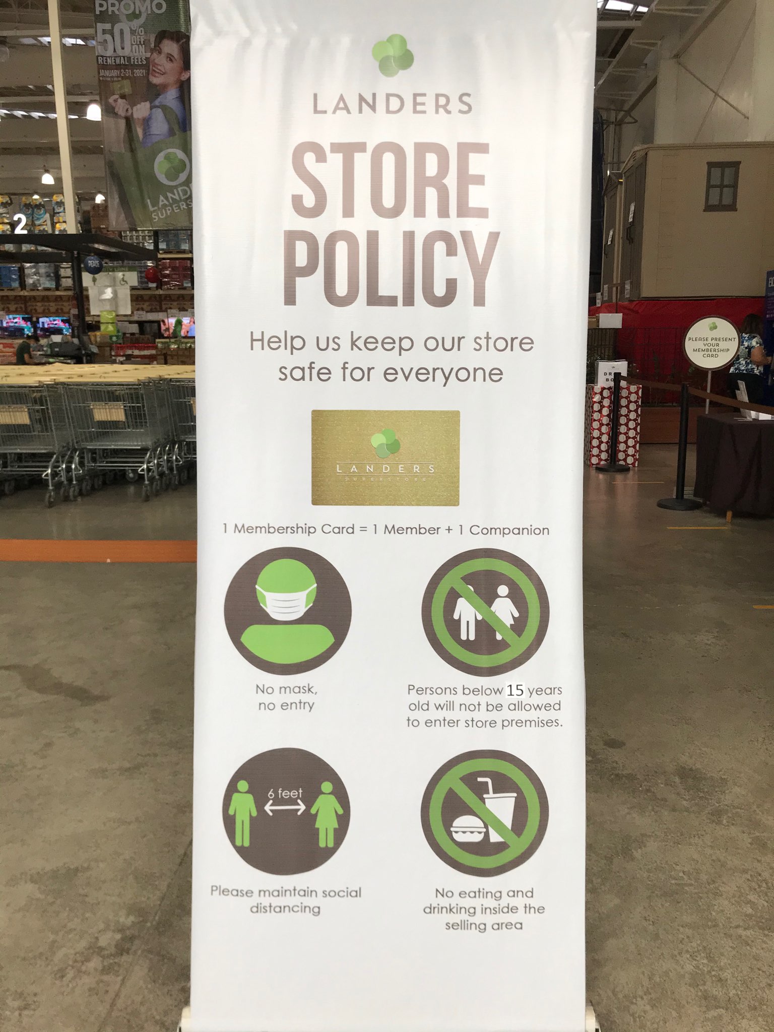 In Landers Superstore, every member can only bring 1 guest per visit (compared before, when each member can bring up to 4 guests).