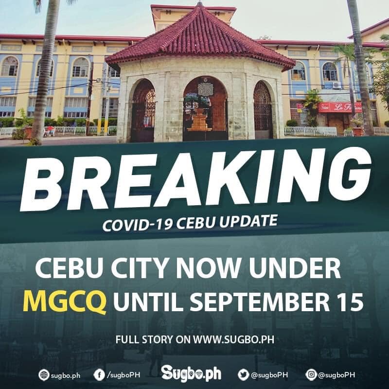 JUST IN! Cebu City now placed under the more relaxed "Modified General Community Quarantine (MGCQ)" starting on September 1 to 15, 2020 as announced by Presidential Spokesperson Harry Roque.
