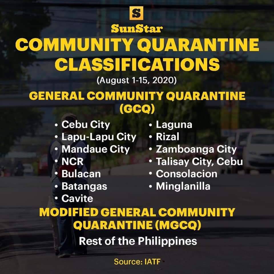 President Rodrigo Duterte announced on July 31, 2020 the new community quarantine classifications in the country: CEBU CITY, NCR, Bulacan, Batangas, Cavite, Laguna, Rizal, Lapu-Lapu City, Mandaue City, Talisay City, Minglanilla, Consolacion and Zamboanga City would be placed under General Community Quarantine (GCQ) starting August 1, 2020.

Source：SunStar Cebu