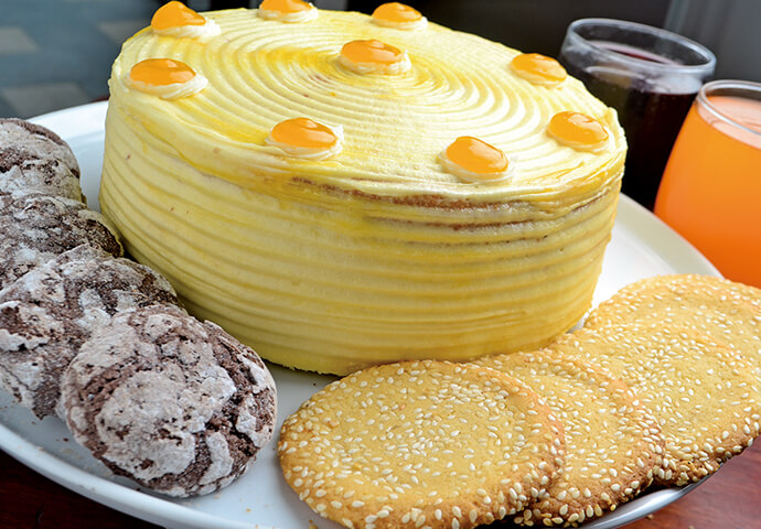 Mango cake (P300), chocolate crinkles (P38), and sesame cookies (P28).