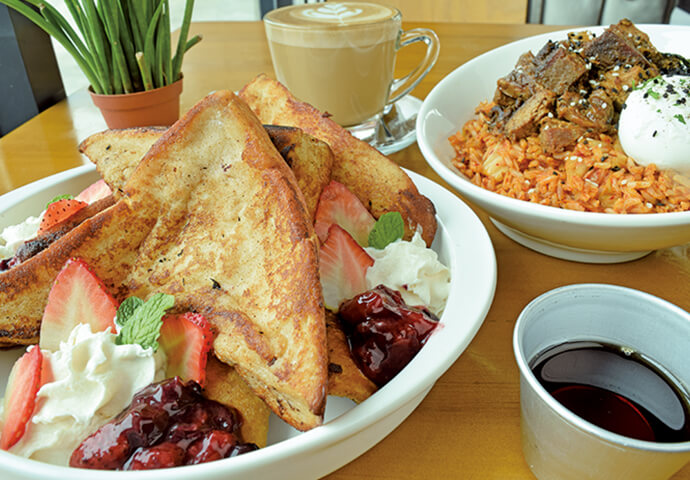 French toast with berries (P250) and Beef Brisket and Kimchi Silog (P330)