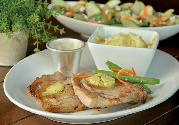 Brique Chops (P230) - served with rice pilaf, salad, or mashed potatoes.